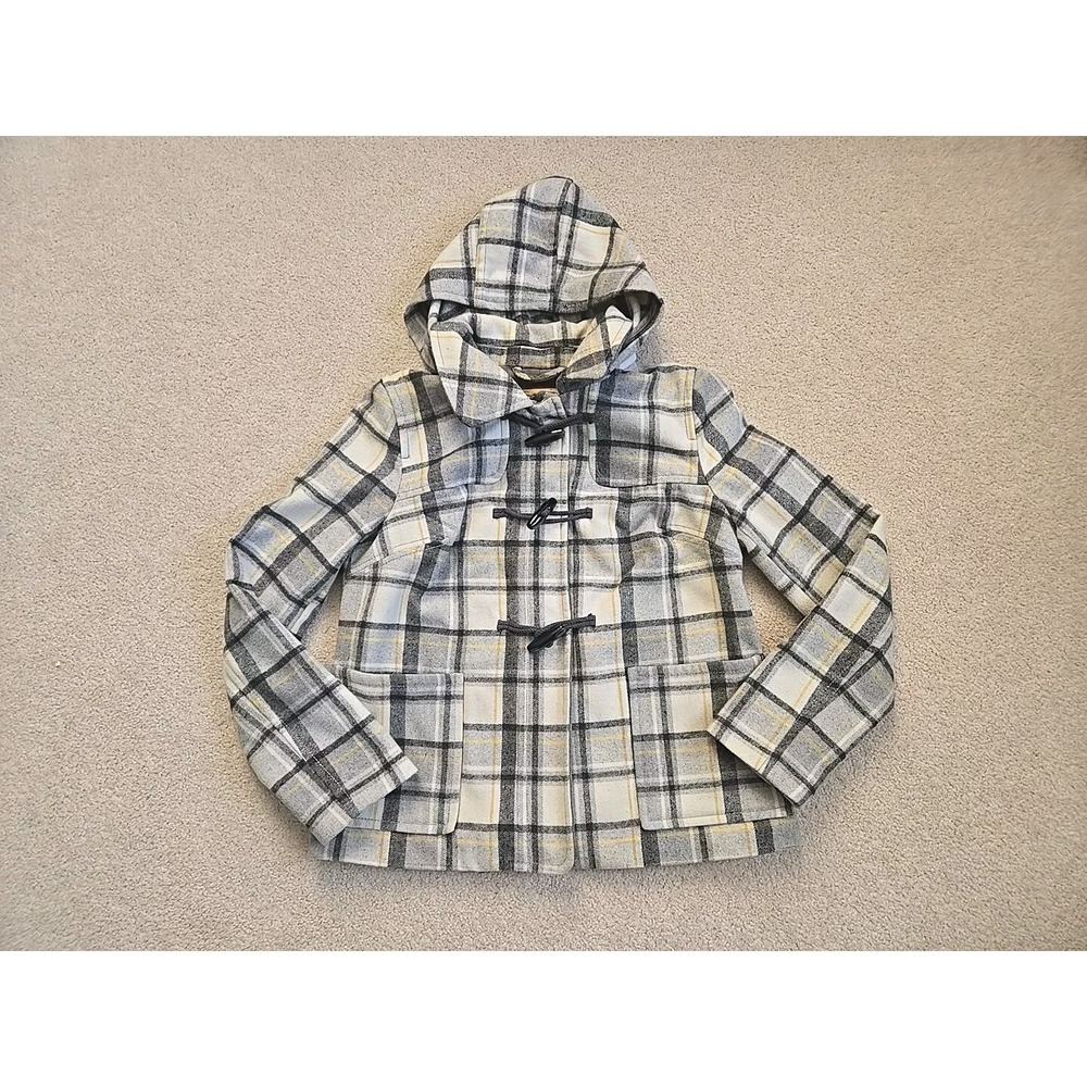 Old Navy Wool Blend Plaid Full Zip Hooded Pea Coat Womens Medium